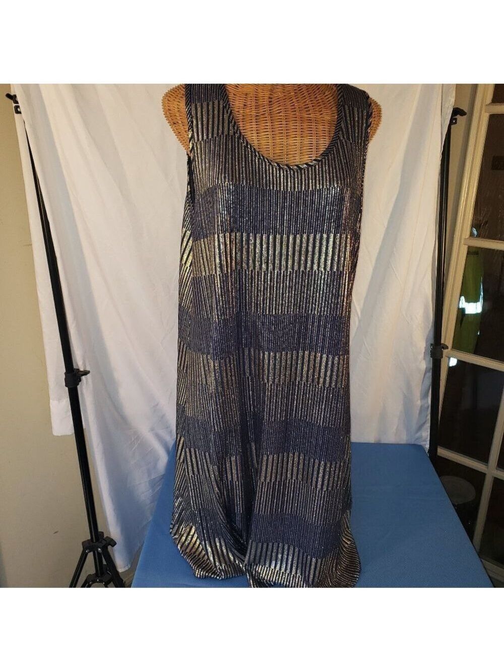 Ladies ESPRESSO Sleeveless Dress in Shimmery Blue & Gold Stripes - XL